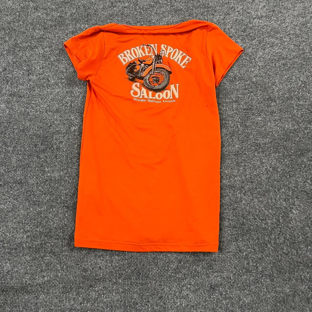 Broken Spoke Saloon Graphic Tee Womens Size L Orange Scoop Neck Biker Sturgis